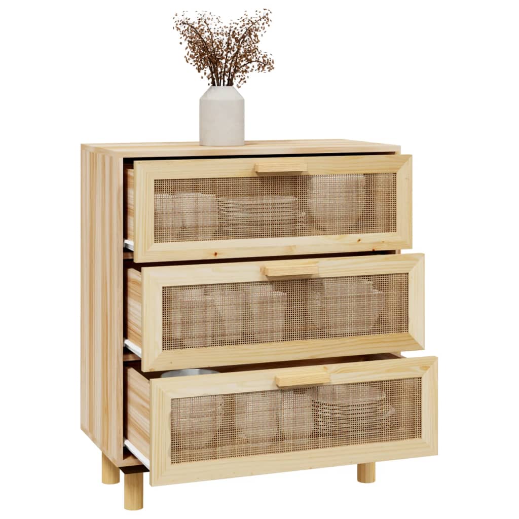 Brown buffet 60x30x70 cm solid pine wood and natural rattan
