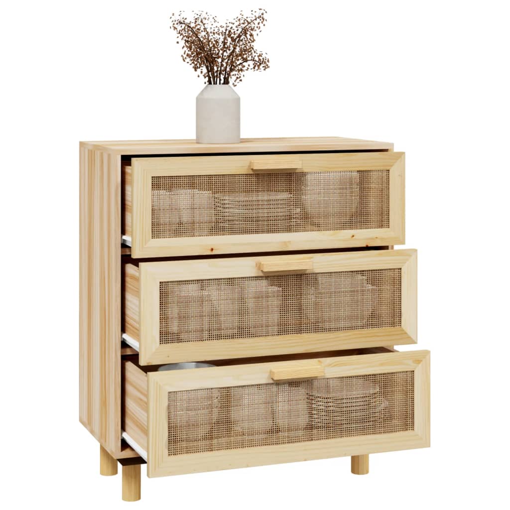 Credenza marrone 60x30x70 cm Legno di pino massiccio e rattan naturale