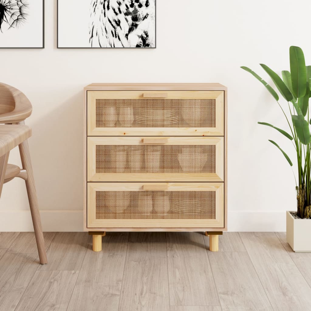 Credenza marrone 60x30x70 cm Legno di pino massiccio e rattan naturale