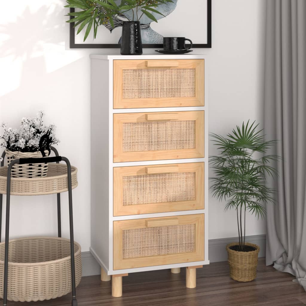 White buffet 40x30x90 cm solid pine wood and natural rattan