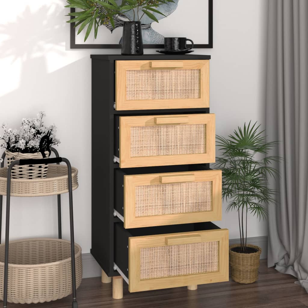 Black buffet 40x30x90 cm Solid pine wood and natural rattan