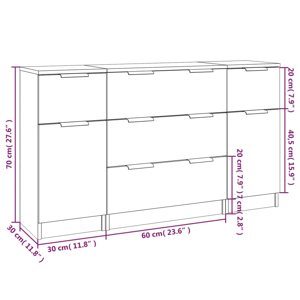 Set di credenze da 3 pezzi in legno ingegnerizzato Sonoma grigio