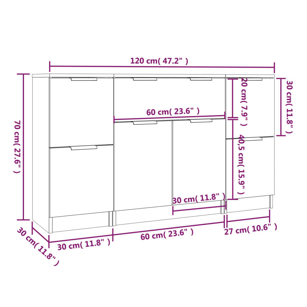 Buffets 3 pcs white shiny engineering wood