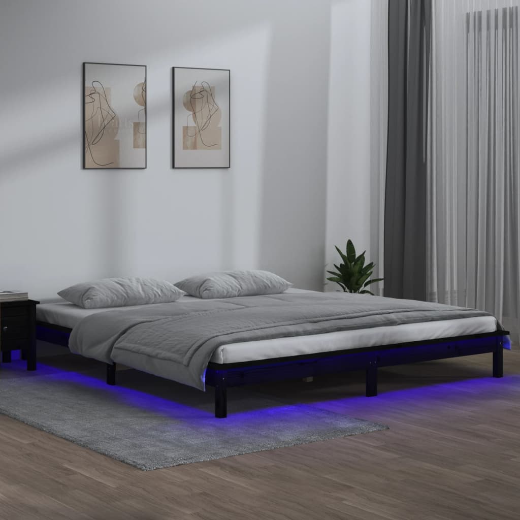 Cadre de lit à LED noir 200x200 cm bois massif