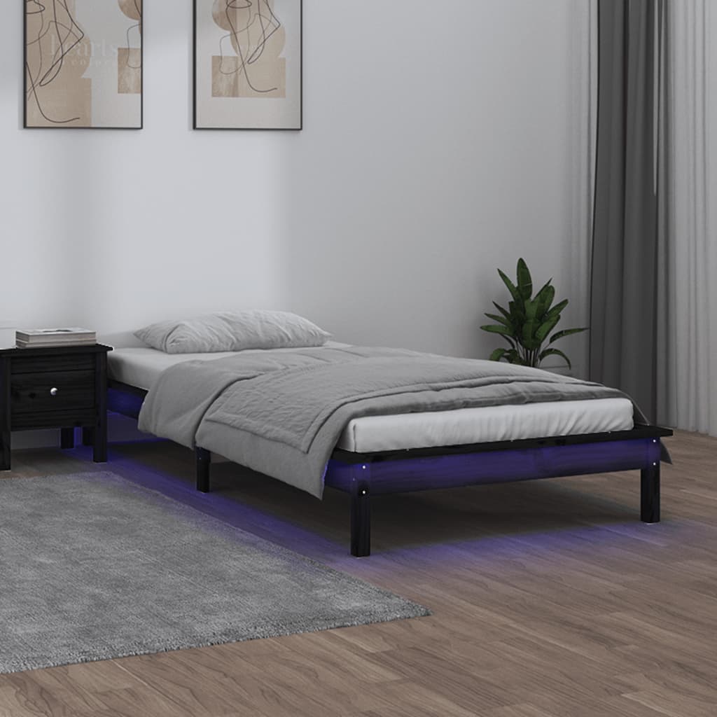 Cadre de lit à LED noir 75x190 cm petit simple bois massif