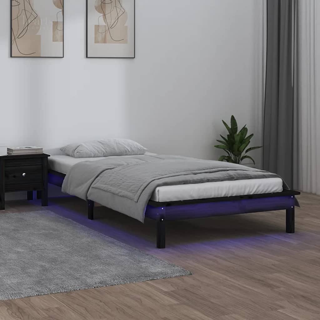 Cadre de lit à LED noir 90x190 cm simple bois massif