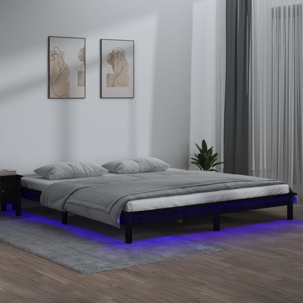 Cadre de lit à LED noir 120x190 cm petit double bois massif