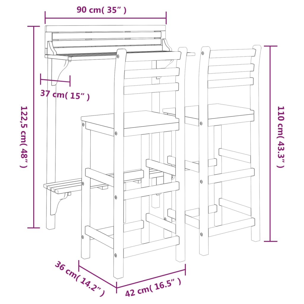 Balkon Bar 3 PCs Massives Akazienholz