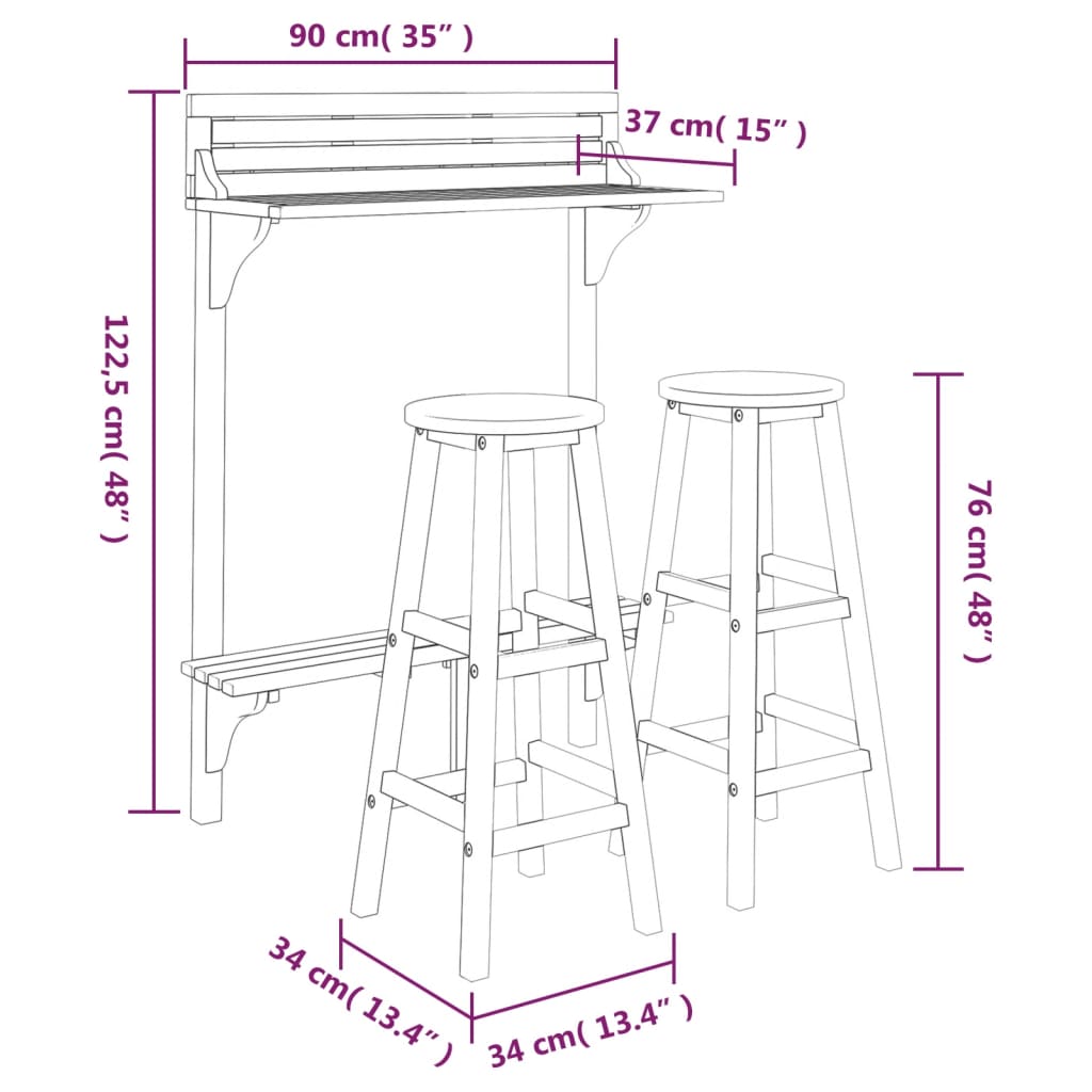 Ensemble de bar de balcon 3 pcs Bois d'acacia massif