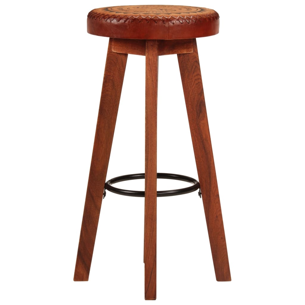 Bar stools 2 pcs real leather and solid acacia wood