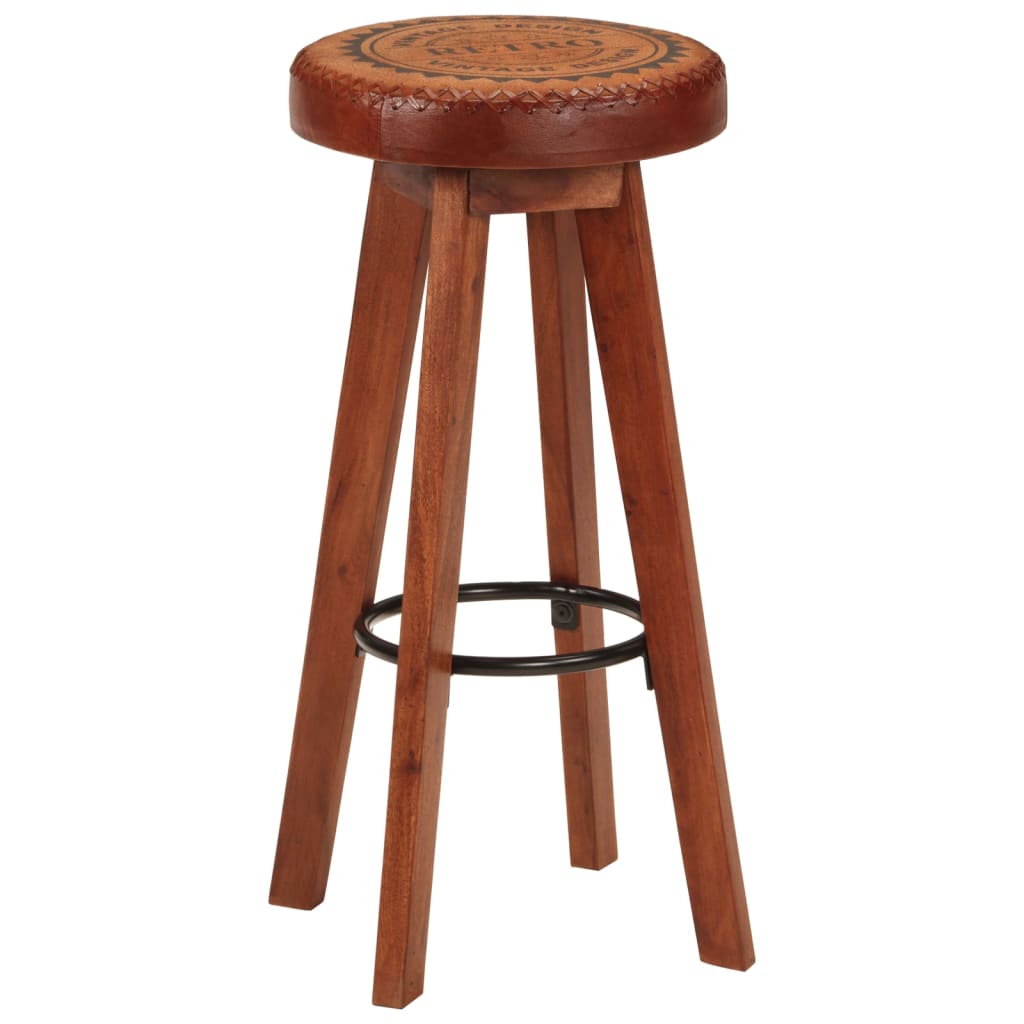 Bar stools 2 pcs real leather and solid acacia wood