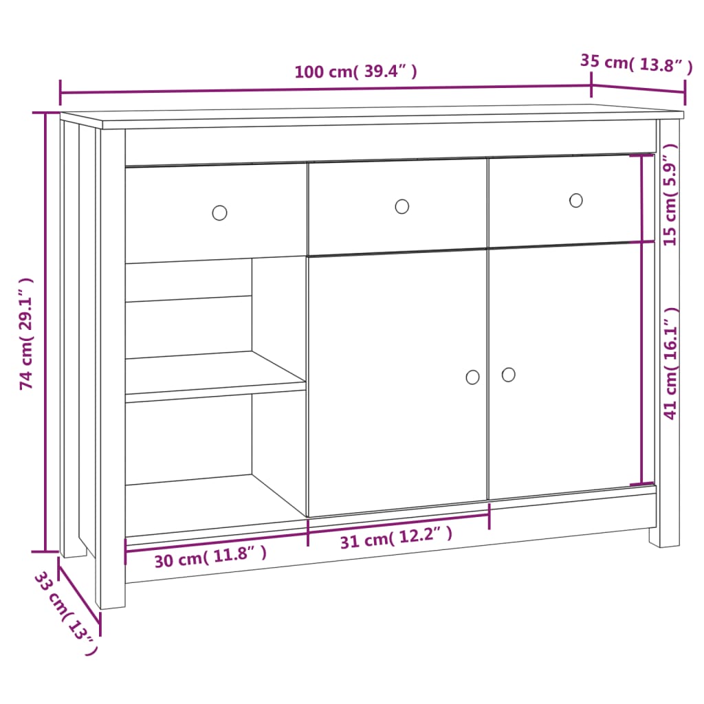 White buffet 100x35x74 cm solid pine wood