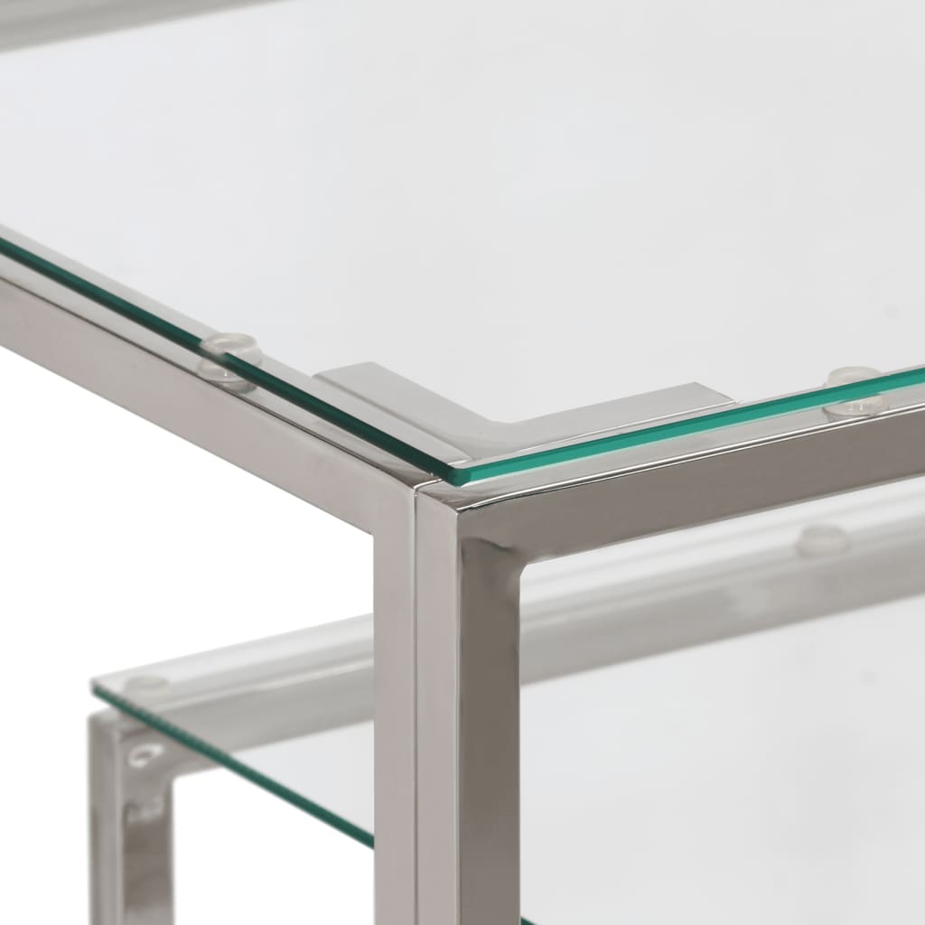 Table console argenté acier inoxydable et verre trempé
