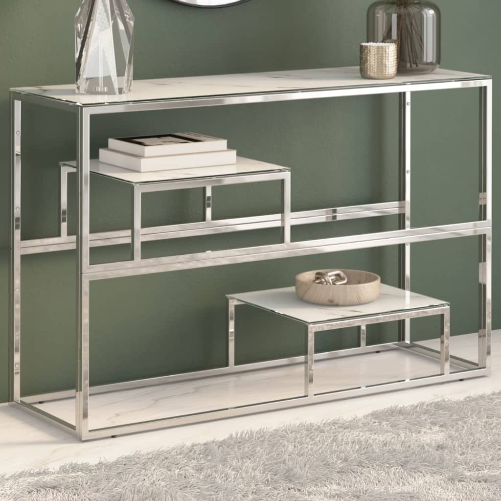 Silver console table stainless steel and tempered glass