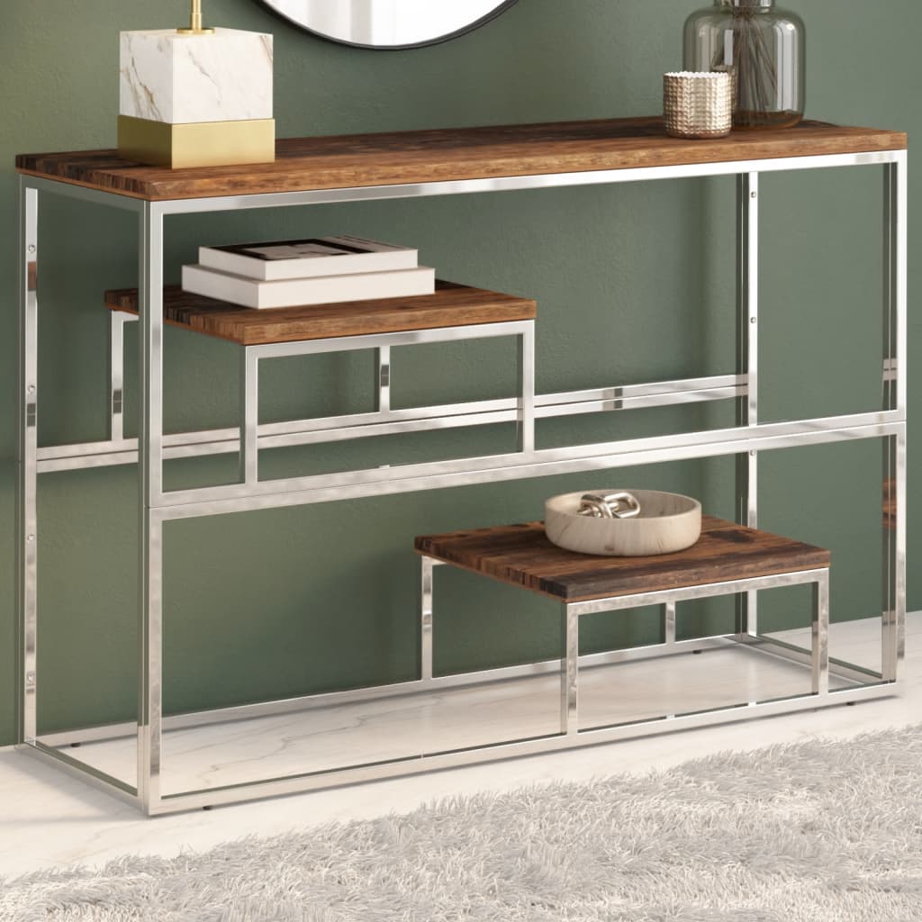 Silver stainless steel console table and solid larch wood