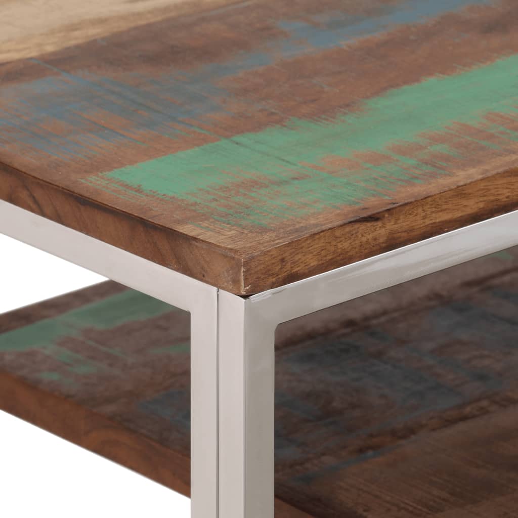 Table console argenté inox et bois de récupération massif