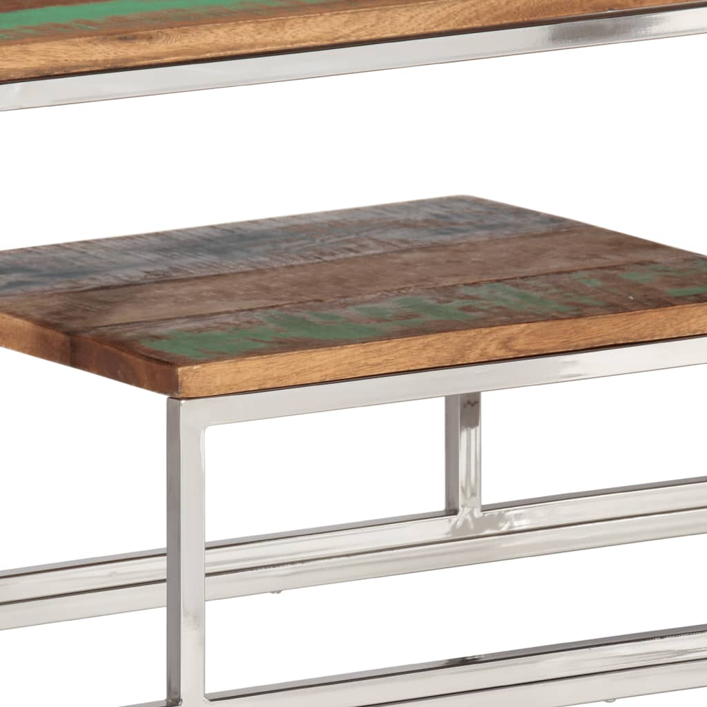 Table console argenté inox et bois de récupération massif