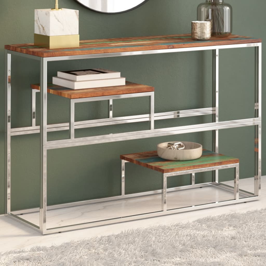 Stainless steel silver console table and solid recovery wood