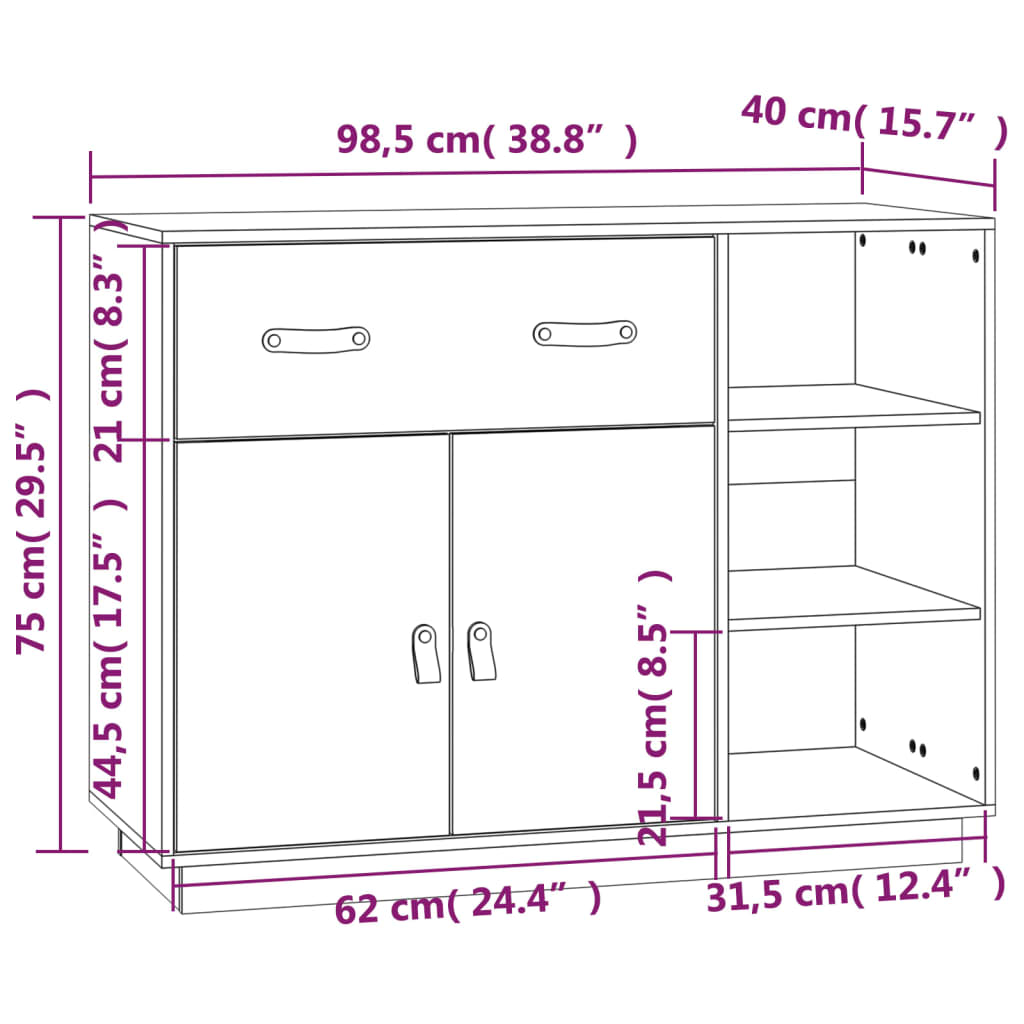 Credenza bianca 98,5x40x75 cm Legno di pino massiccio