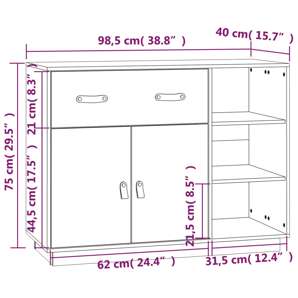 Schwarzes Buffet 98.5x40x75 cm Festkieferholz