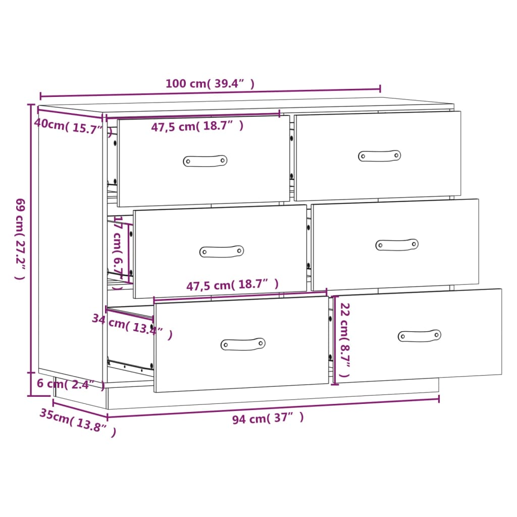 Buffet nero 100x40x75 cm in legno di pino solido