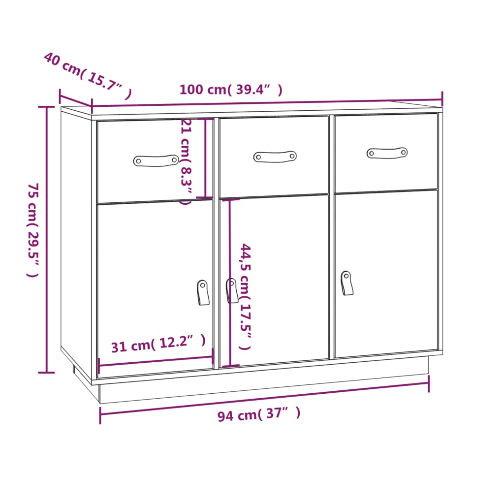 White buffet 100x40x75 cm solid pine wood