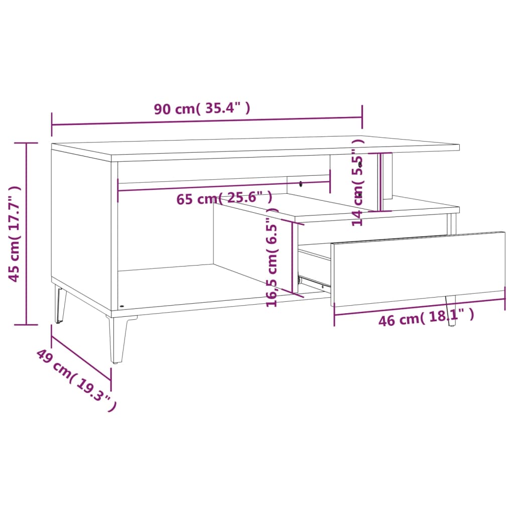 Brilliant white coffee table 90x49x45 cm engineering wood