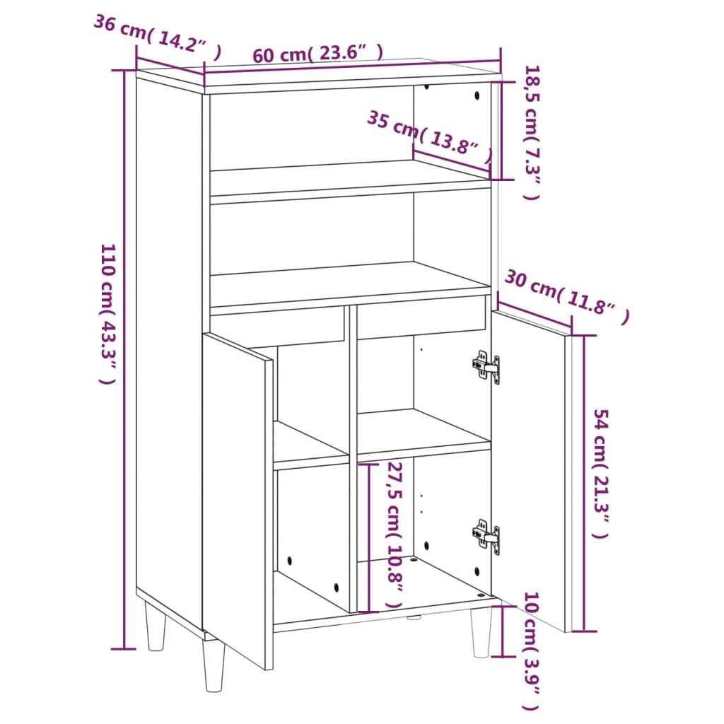 Buffet superiore nero 60x36x110 cm ingegnerista legno