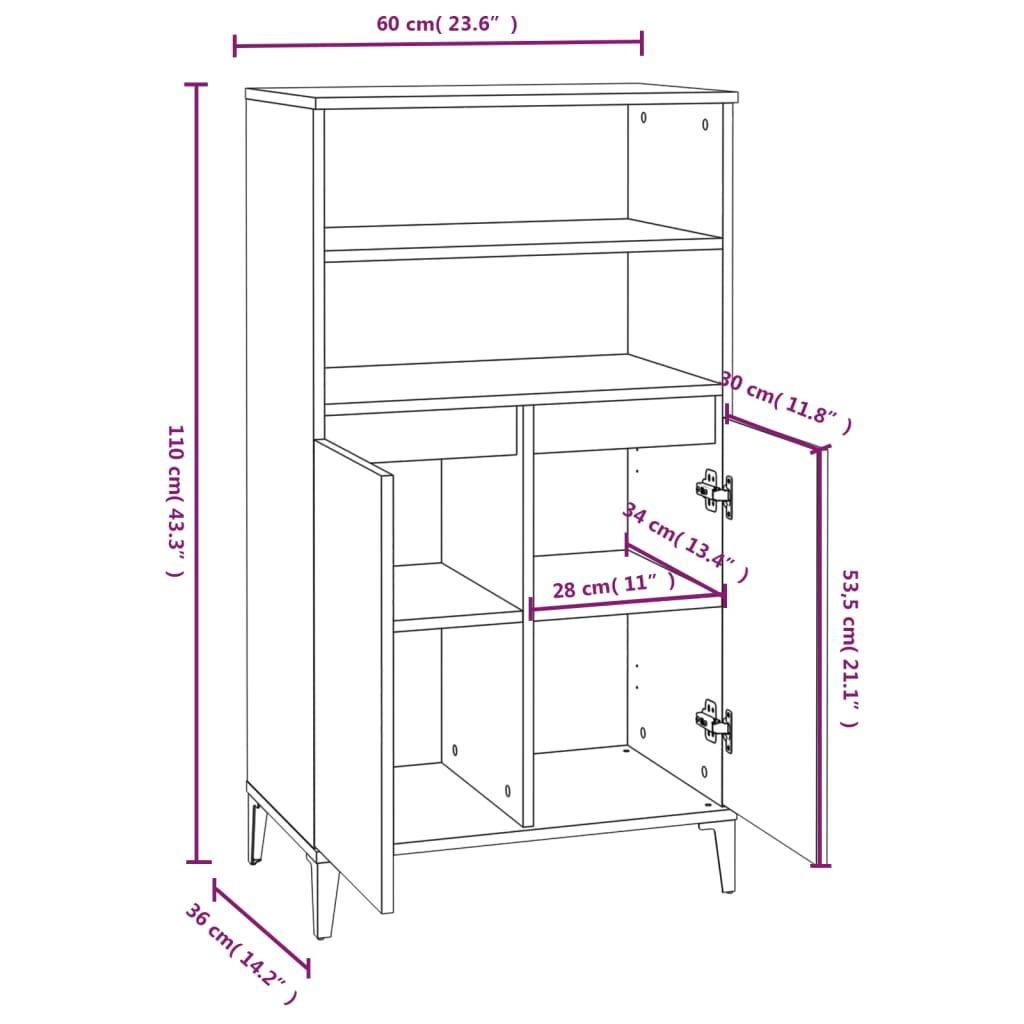 Buffet haut Blanc brillant 60x36x110 cm Bois d'ingénierie