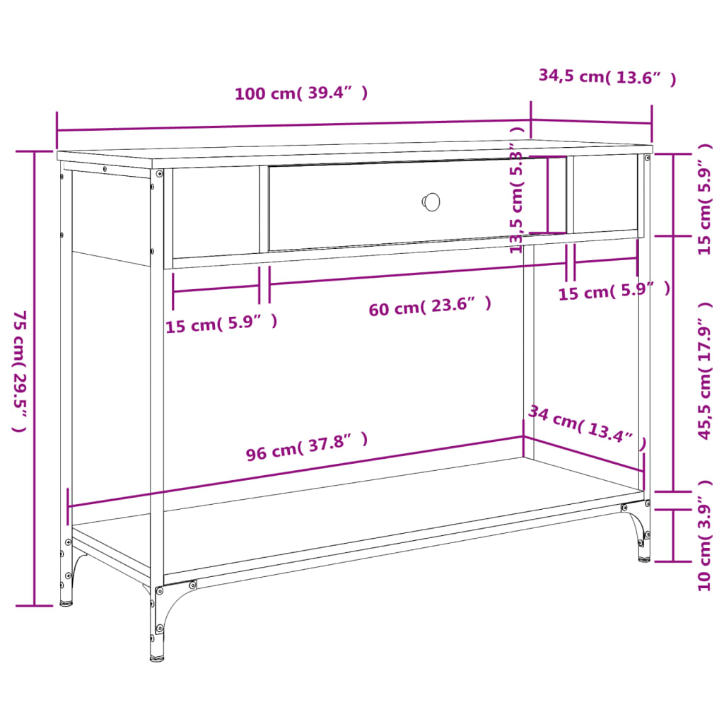 Table console chêne fumé 100x34,5x75 cm bois d'ingénierie