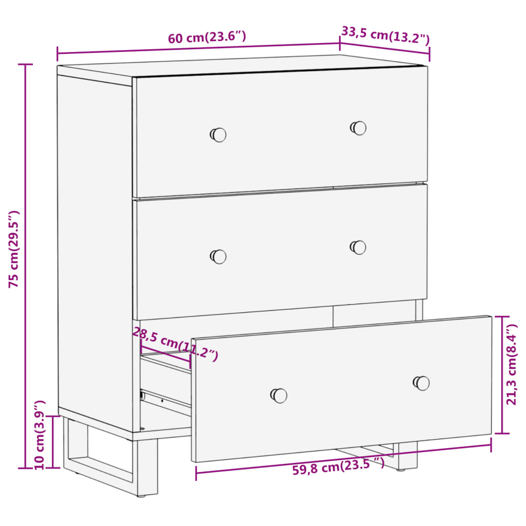 Brauner und schwarzer Seitenschrank 60x33,5x75 cm Mangoholz