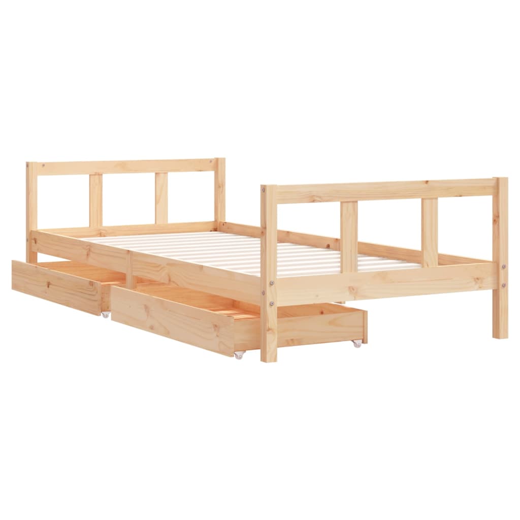 Child bed frame with 90x200 cm solid pine wood drawers