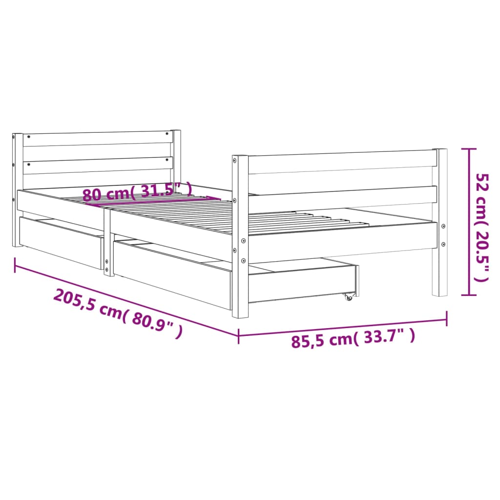 Child bed frame white drawers 80x200 cm solid pine wood