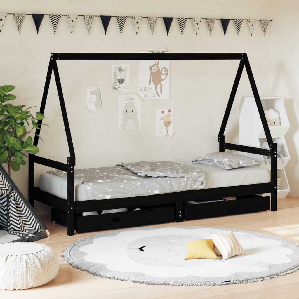 Children's bed with black drawers 90x200 cm solid pine wood