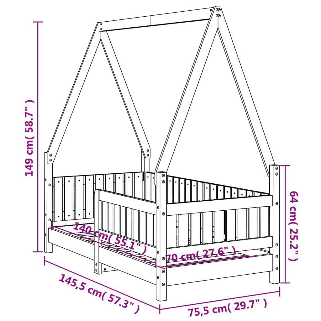 Bed frame for white children 70x140 cm solid pine wood