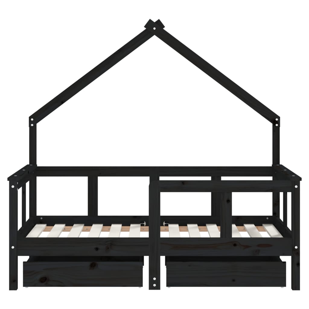 Kinderbett mit schwarzen Schubladen 70x140 cm Festkieferholz