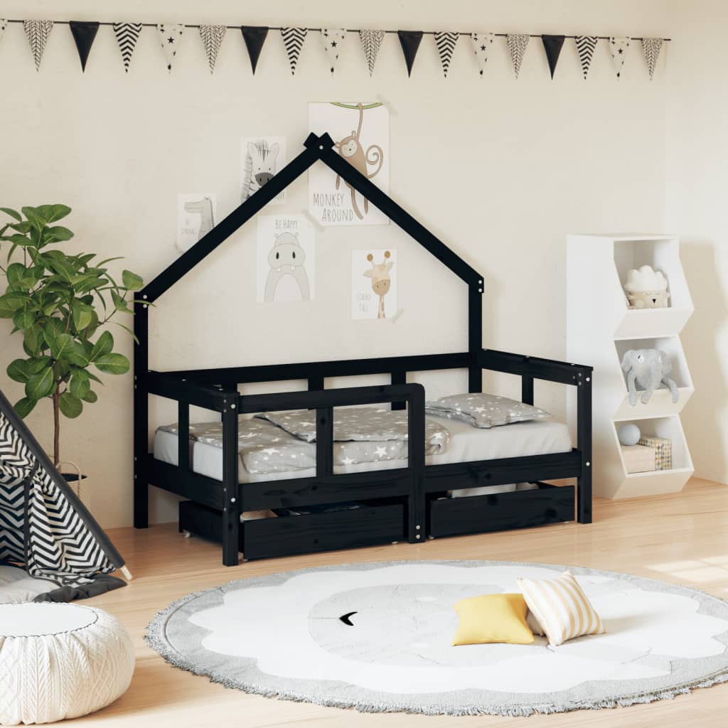 Cadre de lit enfant avec tiroirs noir 70x140 cm bois pin massif