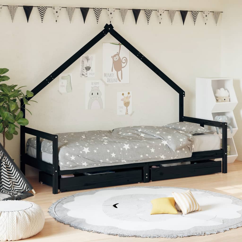 Child bed frame black drawers 80x200 cm solid pine wood