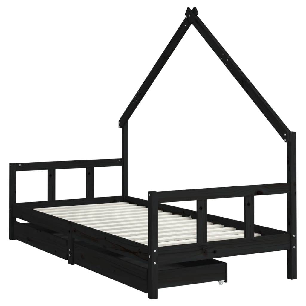 Kinderbett mit schwarzen Schubladen 90x200 cm Festkieferholz