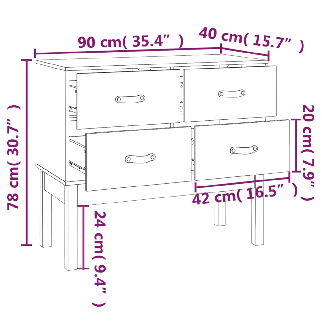 Weißer Konsolenschrank 90x40x78 cm Festkieferholz