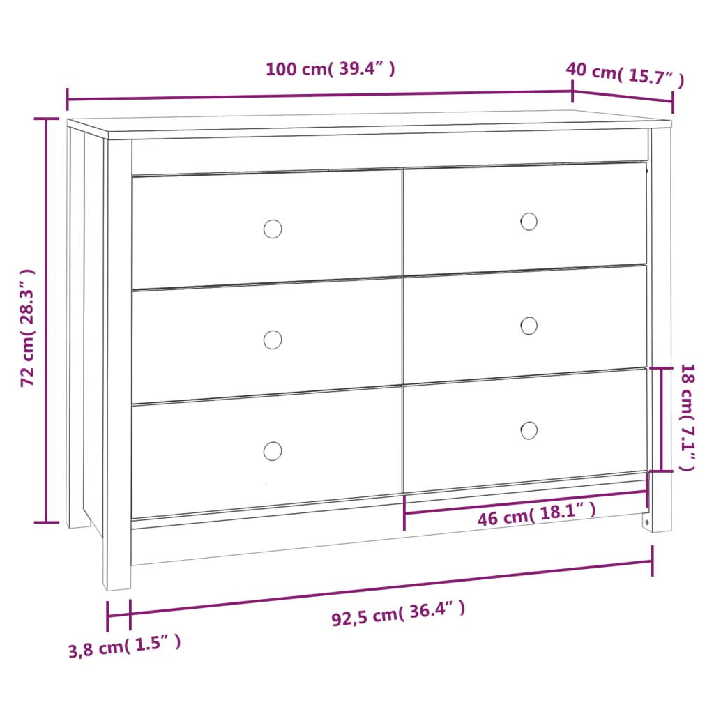 Black side cabinet 100x40x72 cm Solid pine wood