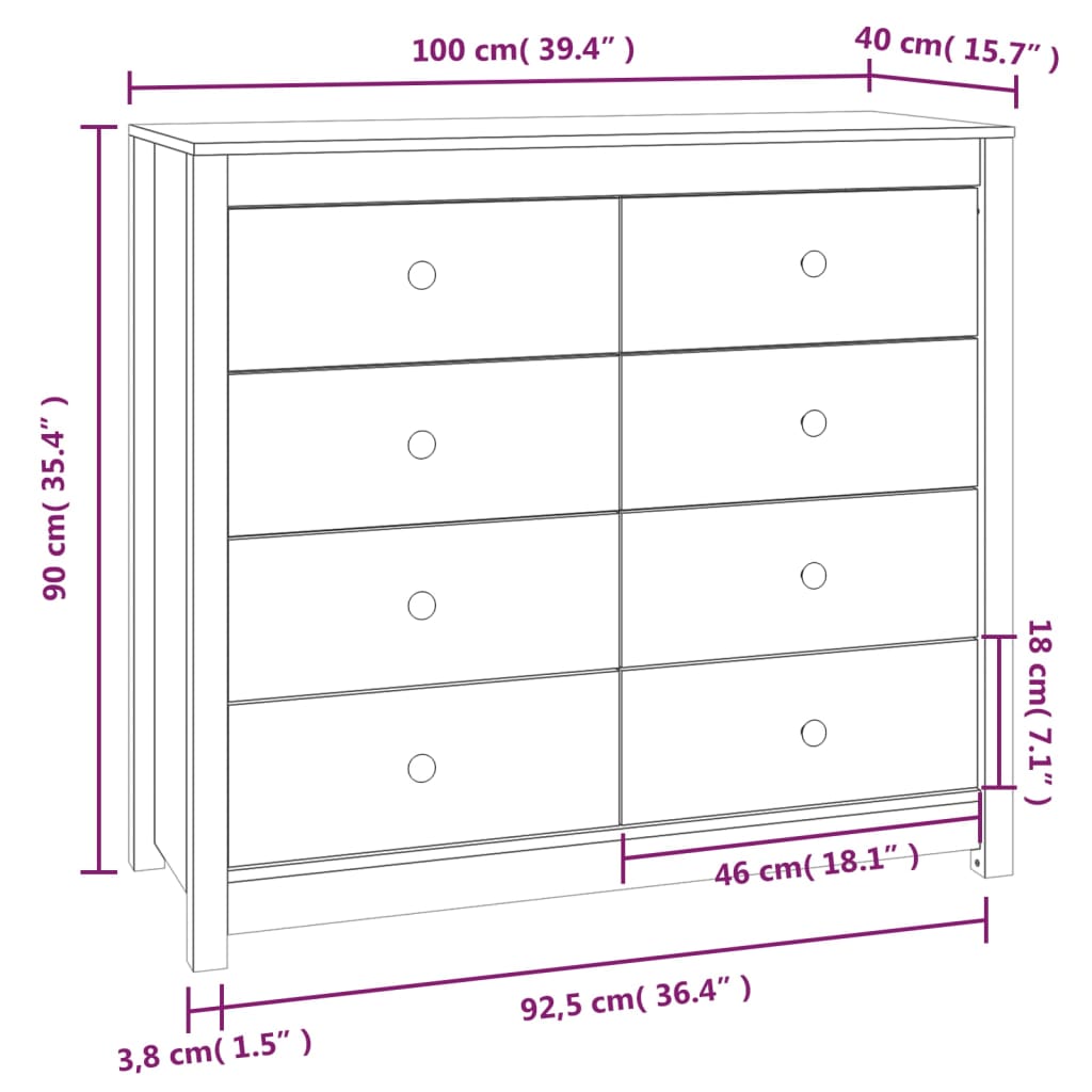 Honey brown side cabinet 100x40x90 cm solid pine wood