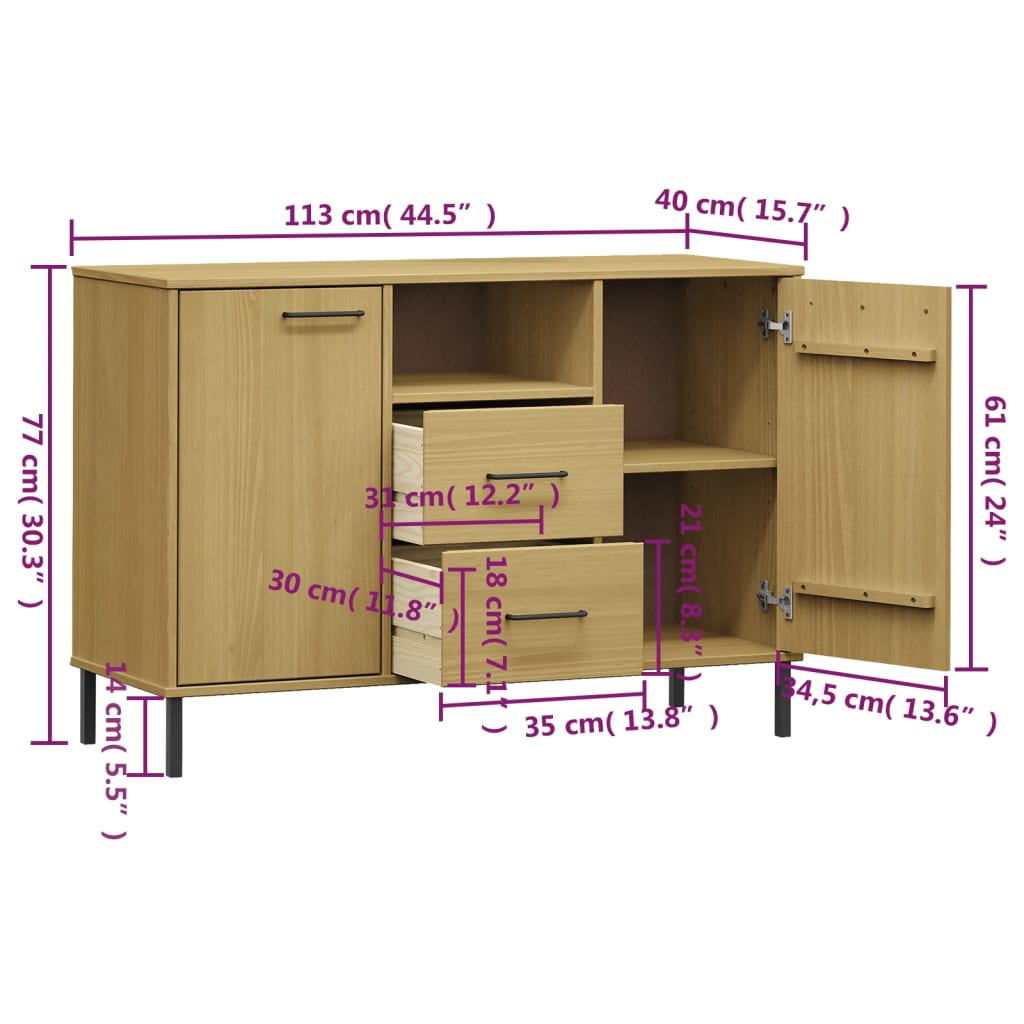 Buffet con piedi in metallo marrone 113x40x77 cm in legno massiccio