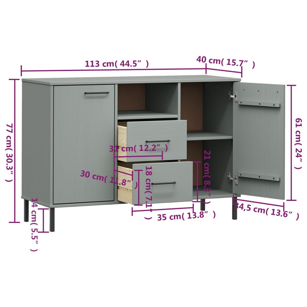 Credenza con gambe in metallo Grigio 113x40x77 cm Legno massello OSLO