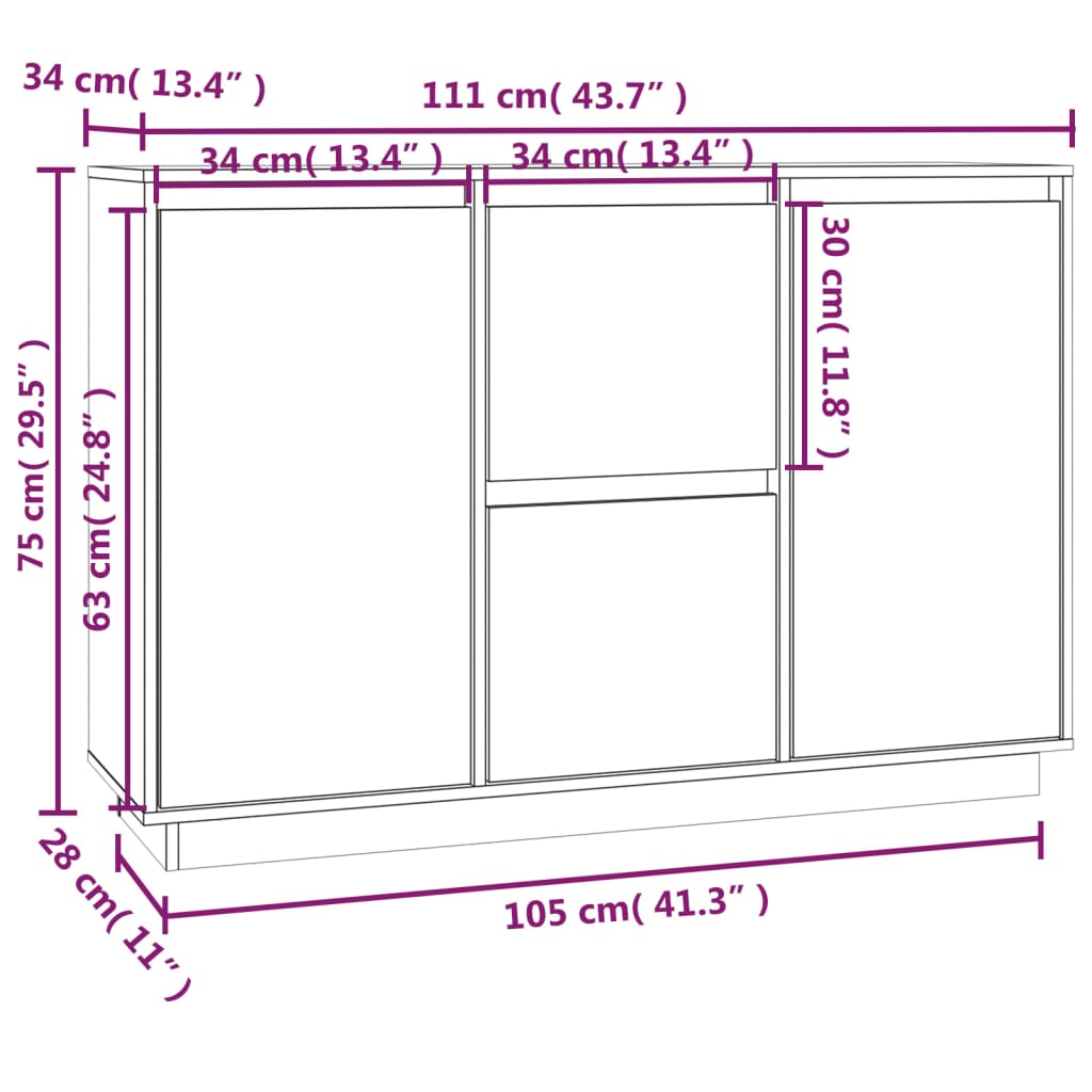 Buffet Gris 111x34x75 cm Bois massif de pin