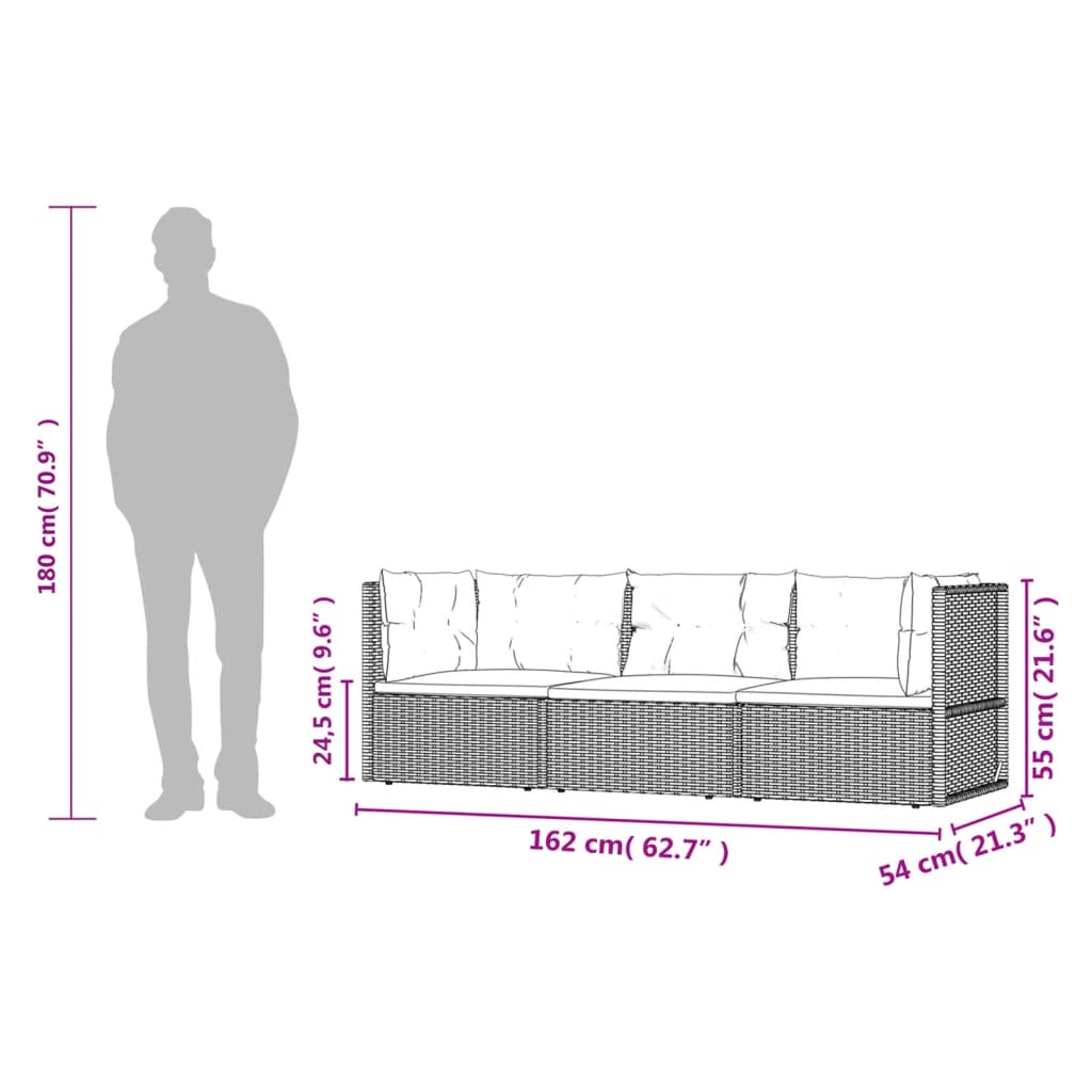 Mobili da giardino 3 pezzi con cuscini grigi Vimini in resina