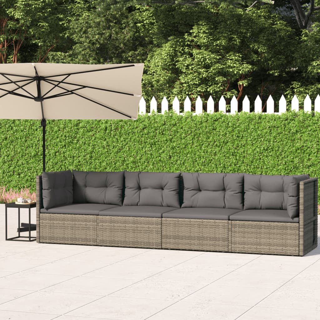 Salon de jardin 4 pcs avec coussins Gris Résine tressée