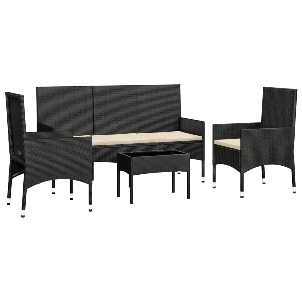 Salon de jardin 4 pcs avec coussins Noir Résine tressée