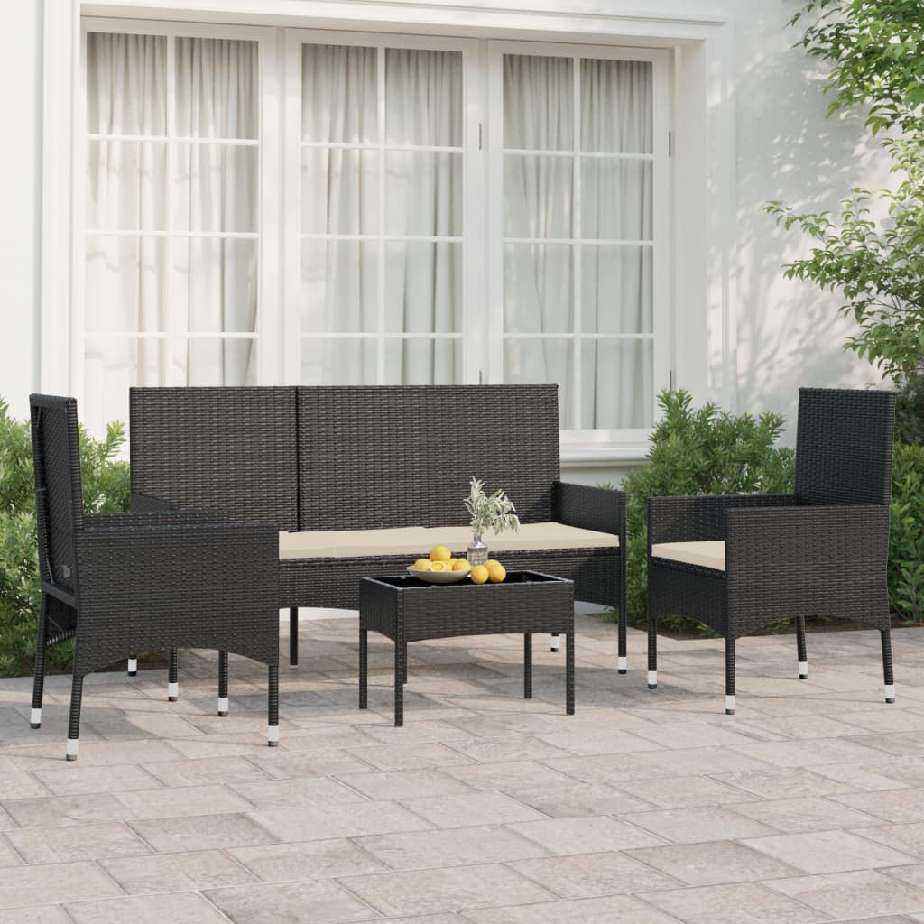 Salon de jardin 4 pcs avec coussins Noir Résine tressée