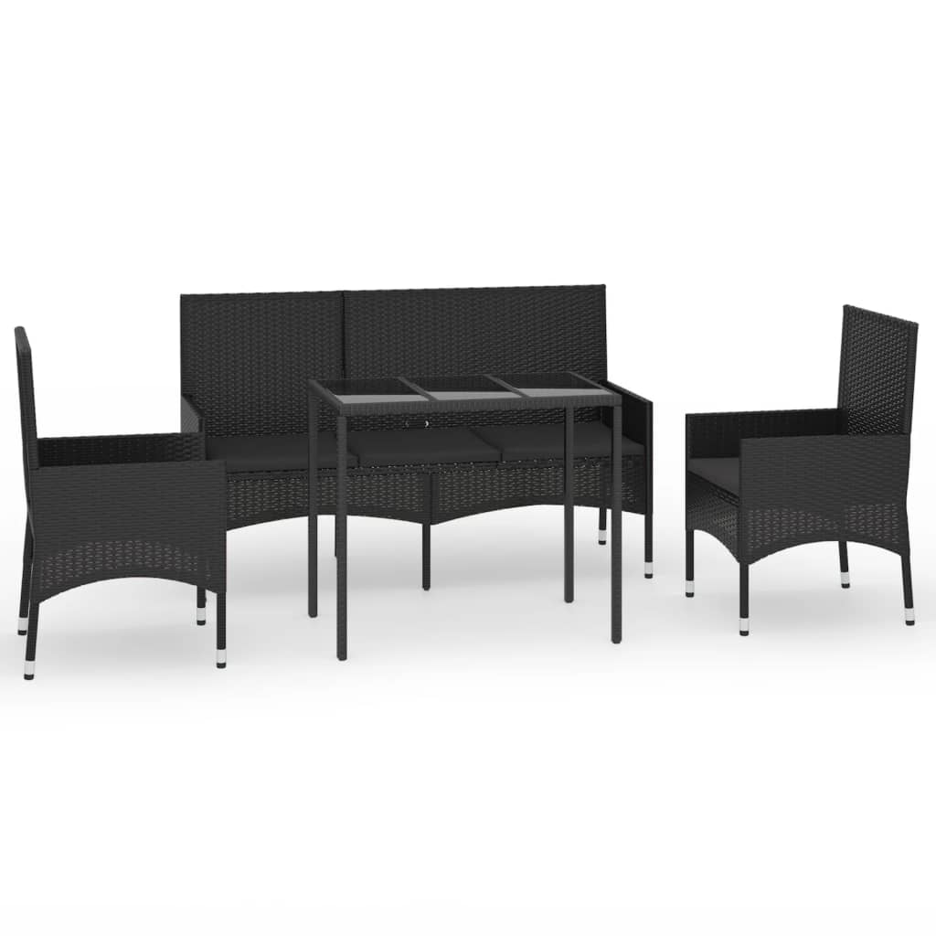 Salon de jardin 4 pcs avec coussins Noir Résine tressée